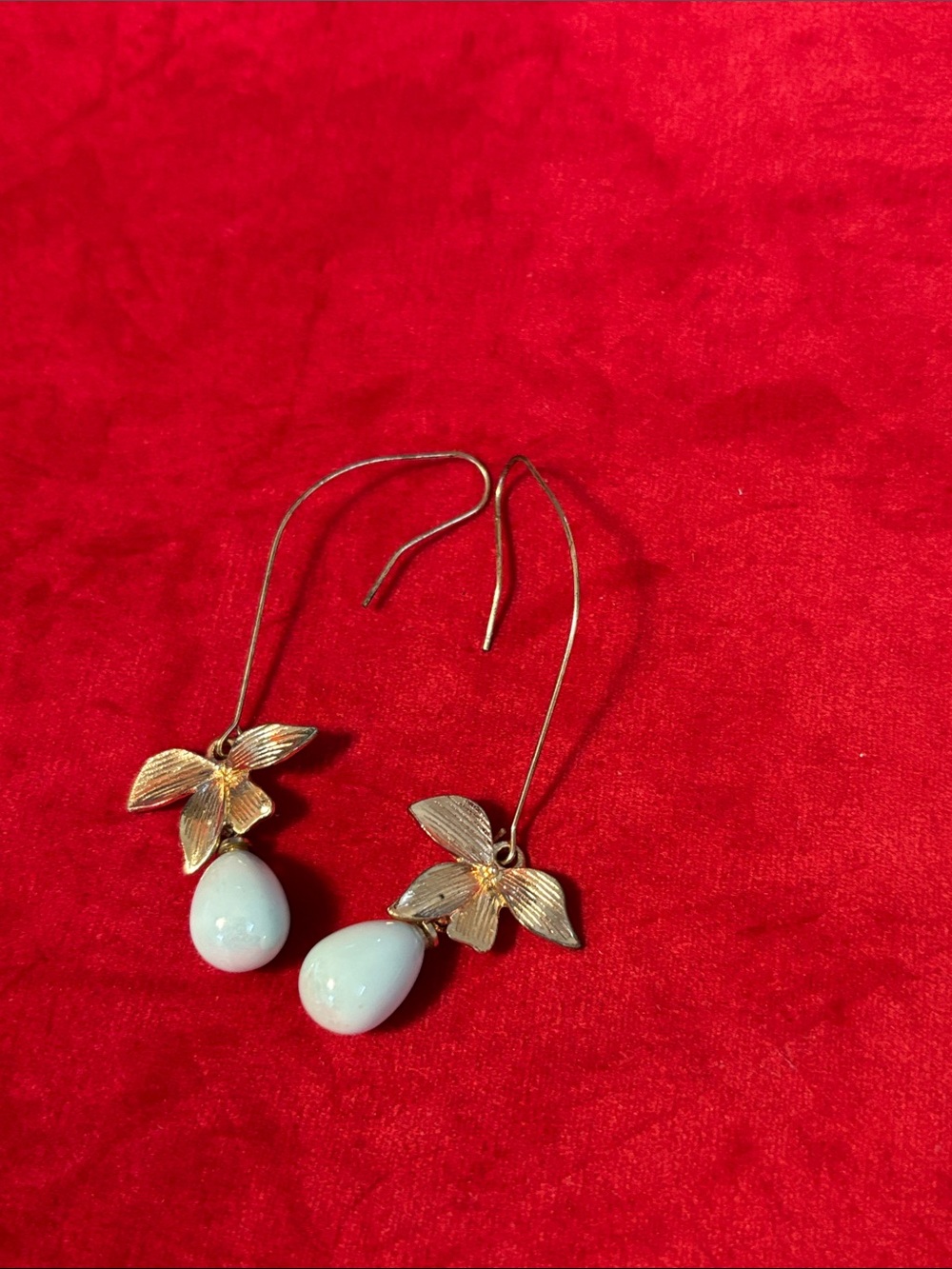 Gold Floral Hook Earrings with Pale Green Teardrops